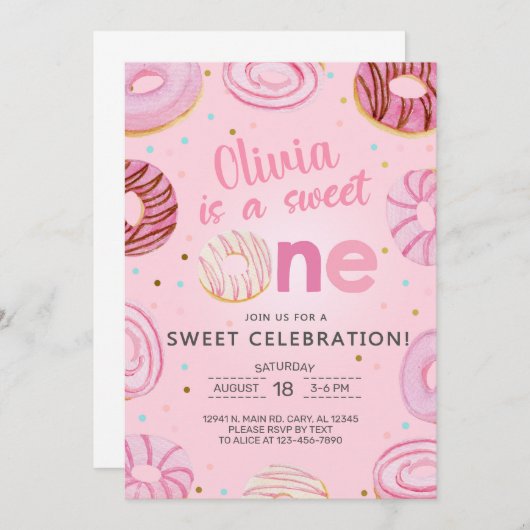 甘い1ドーナツ女の子の最初の、1番目の誕生日招待状。 招待状 (正面/裏面)