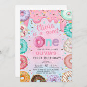 甘い1ドーナツ女の子の最初の、1番目の誕生日招待状。 招待状 (正面/裏面)