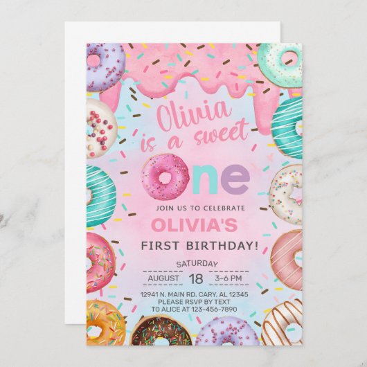 甘い1ドーナツ女の子の最初の、1番目の誕生日招待状。 招待状 (正面/裏面)