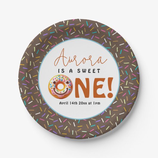 甘い1水色かわいいドーナツ1歳の誕生日 ペーパープレート (正面)