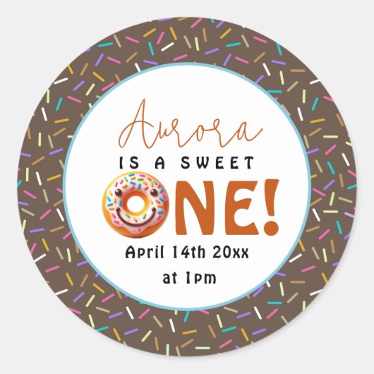 甘い1水色かわいいドーナツ1歳の誕生日 ラウンドシール (正面)