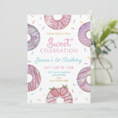 甘い1水色かわいいドーナツ1歳の誕生日 招待状 (スタンド正面)