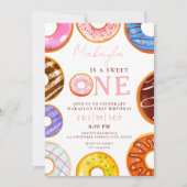 甘い1水色かわいいドーナツ1stシックな誕生日 招待状 (正面)