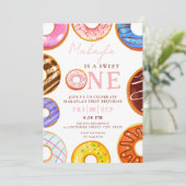 甘い1水色かわいいドーナツ1stシックな誕生日 招待状 (スタンド正面)