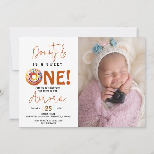 甘い1水色ドーナツ1歳の誕生日 招待状 (正面)