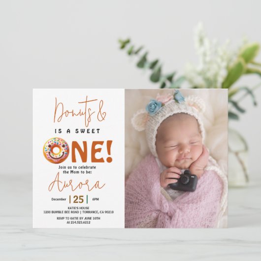 甘い1水色ドーナツ1歳の誕生日 招待状 (スタンド正面)