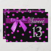 甘い13誕生日パーティーの招待 – 明るい赤紫色ポルカ 招待状 (正面/裏面)