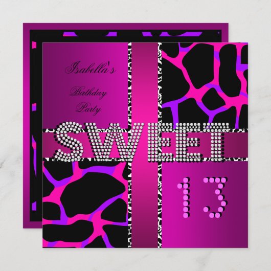 甘い13 13誕生日ゼブラカウピンクパープル 招待状 (正面/裏面)