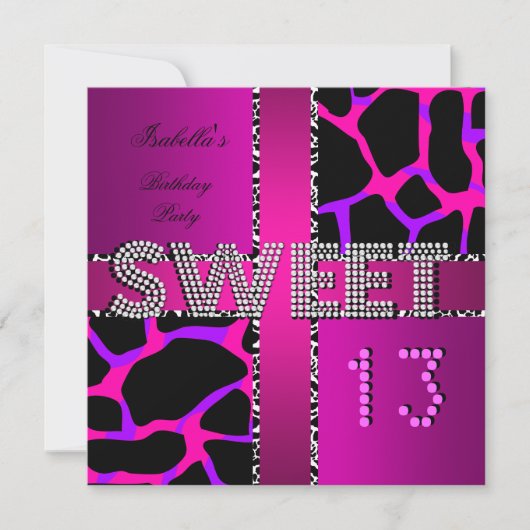 甘い13 13誕生日ゼブラカウピンクパープル 招待状 (正面)