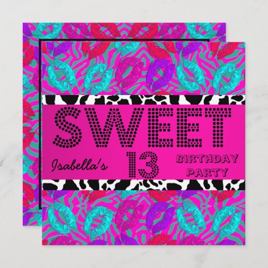 甘い13 13誕生日唇カウパープルピンクティール(緑がかった色) 招待状 (正面/裏面)