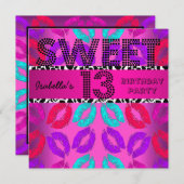 甘い13 13誕生日唇カウピンクブラック 招待状 (正面/裏面)