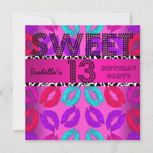 甘い13 13誕生日唇カウピンクブラック 招待状 (正面)