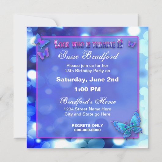 甘い13th誕生日パーティーの招待 – 蝶 招待状 (裏面)