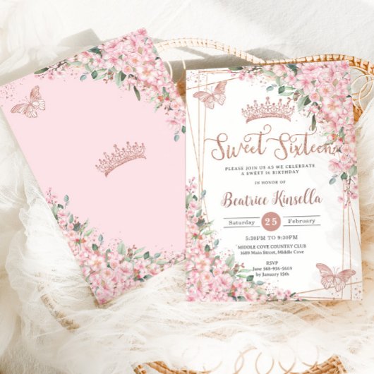 甘い16さくらんぼ花バラ金ゴールド蝶 招待状