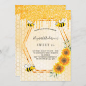 甘い16でこぼこ蜂ひまわり金ゴールドグリッター 招待状 (正面/裏面)