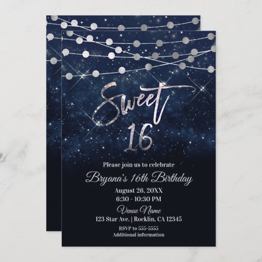 甘い16の16青と銀の輝きライト 招待状 (正面/裏面)