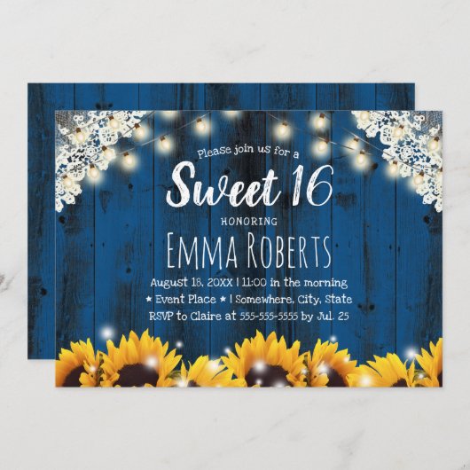 甘い16ひまわり素朴レースひもライトネイビー 招待状 (正面/裏面)