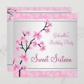 甘い16アジアかわいらしピンクフローラブラック誕生日 招待状 (正面/裏面)