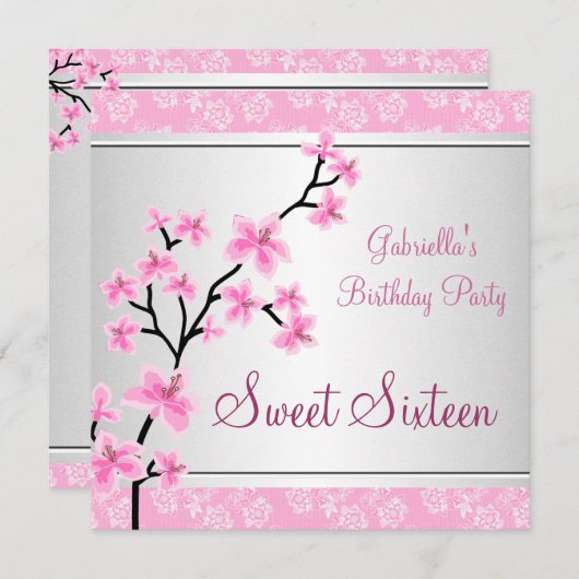 甘い16アジアかわいらしピンクフローラブラック誕生日 招待状 (正面/裏面)