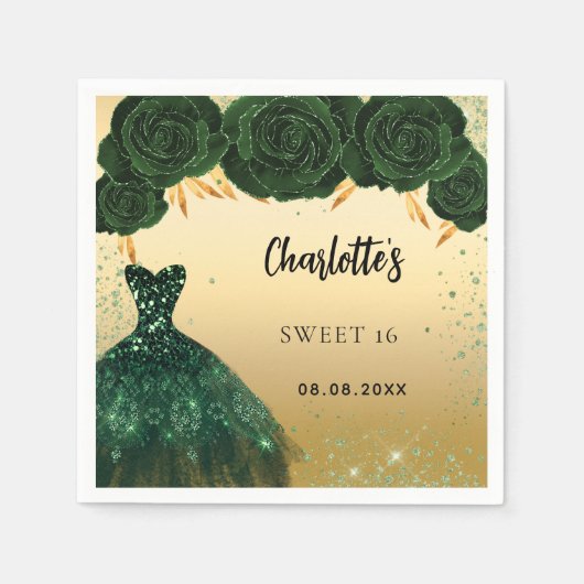 甘い16エメラルドグリーンドレス花金ゴールドパーティー スタンダードカクテルナプキン (正面)