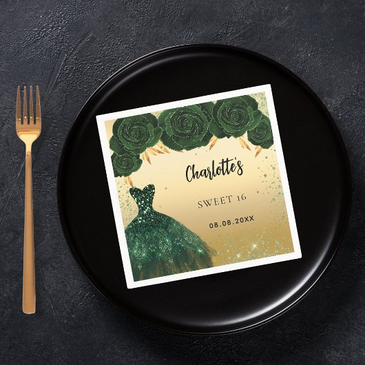 甘い16エメラルドグリーンドレス花金ゴールドパーティー スタンダードカクテルナプキン
