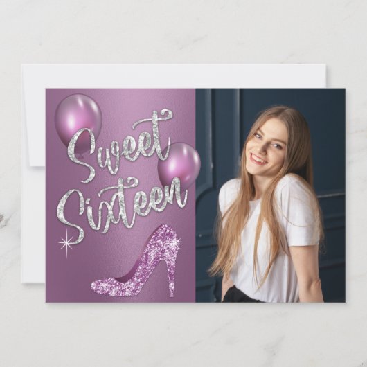 甘い16エレガントパープルフォトガール16誕生日 招待状 (正面)