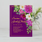 甘い16カラフルフローラ水色パープル金ゴールド 箔招待状 (立ち正面)