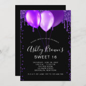 甘い16グラマー黒紫のグリッターバルーン 招待状 (正面/裏面)
