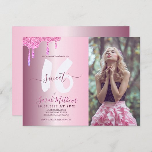 甘い16グリッタードリップス赤面ピンクのメタリックフォト ポストカード (正面/裏面)