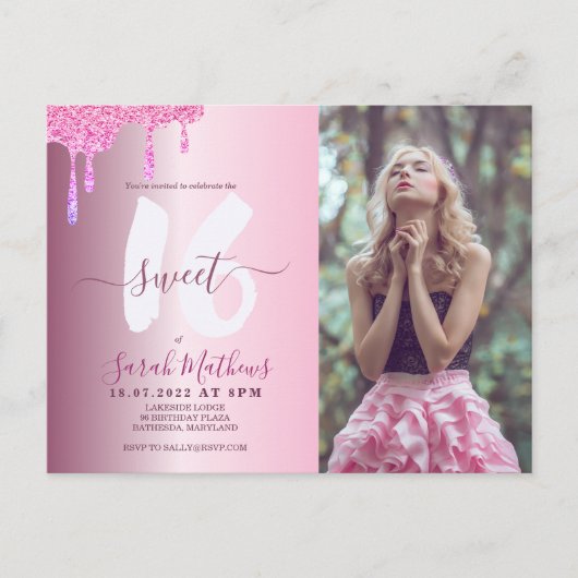 甘い16グリッタードリップス赤面ピンクのメタリックフォト ポストカード (正面)