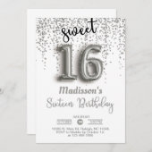 甘い16シルバーのバルーンの誕生日招待状。 招待状 (正面/裏面)