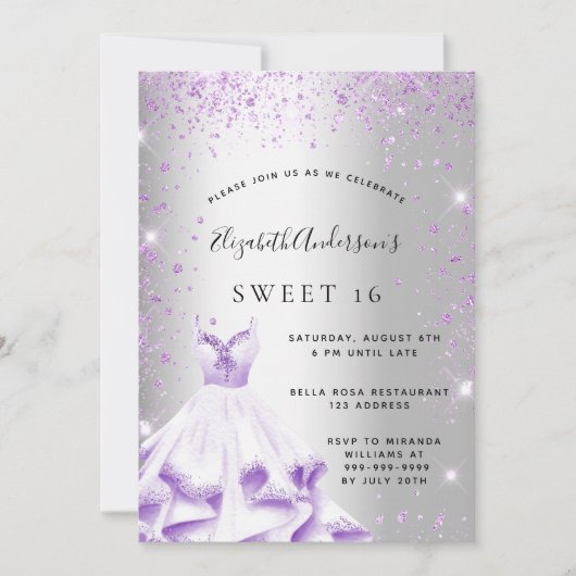 甘い16シルバーパープルドレスグリッターグラマラス 招待状 (正面)