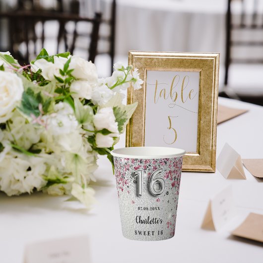 甘い16シルバーピンクのグリッタースパークルズ名パーティー 紙コップ