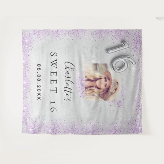 甘い16シルバーフォトパープルグリッターダスト歓迎 タペストリー (正面(横))