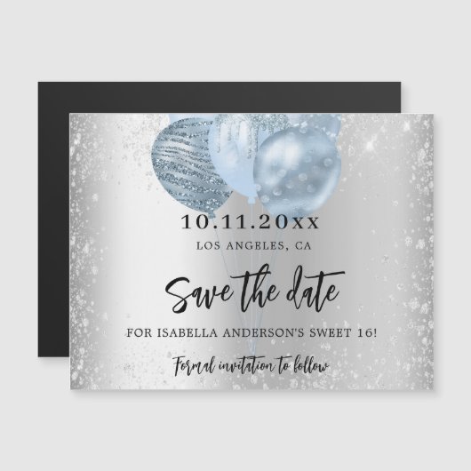 甘い16シルバーブルーの風船の磁石は、日付を保存 マグネット招待状 (正面/裏面)