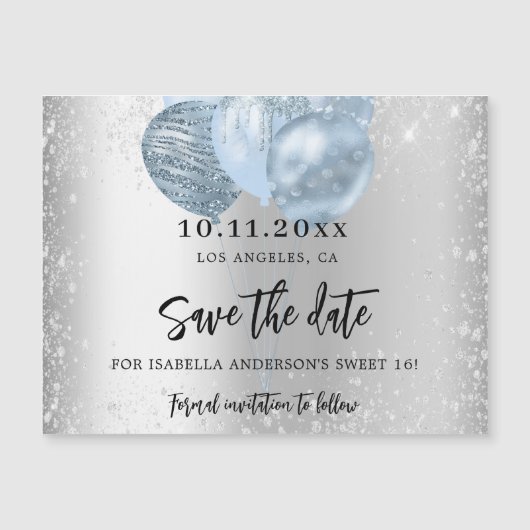 甘い16シルバーブルーの風船の磁石は、日付を保存 マグネット招待状 (正面)