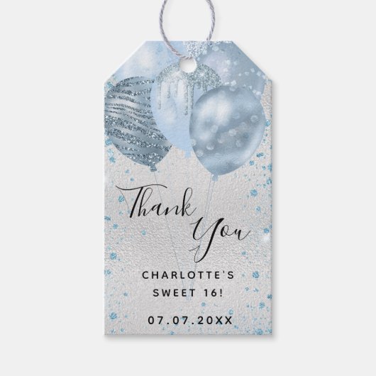 甘い16シルバーブルーグリッターバルーン感謝していユーザ ギフトタグ (正面)