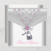 甘い16シルバー16白いオーバーレイピンクの宝石 招待状 (正面/裏面)