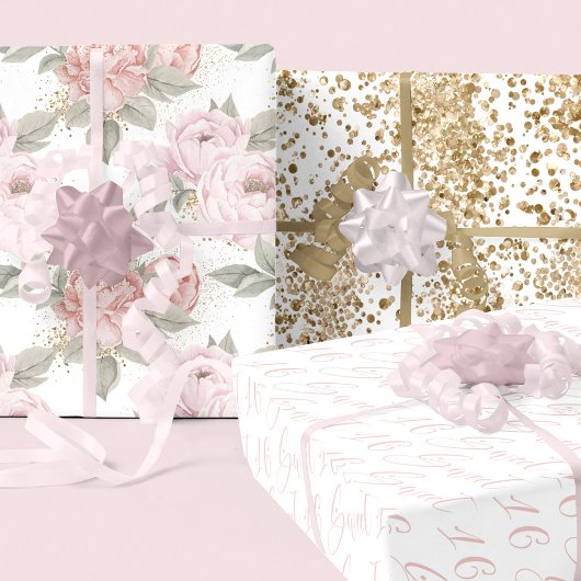 甘い16スクリプトエレガント金ゴールドグリッター牡丹フローラ ラッピングペーパーシート