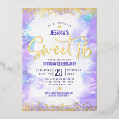 甘い16スクリプトパープルウォーターカラーグラム実在金ゴールド 箔招待状 (正面)