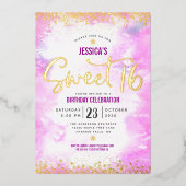 甘い16スクリプトピンクウォーターガーリーカラー実在金ゴールド 箔招待状 (正面)