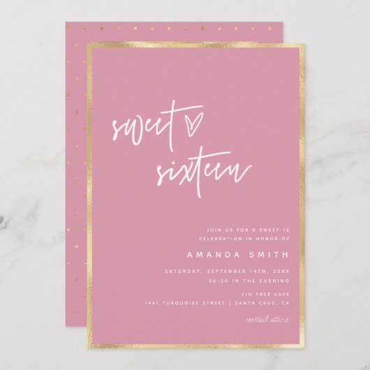 甘い16スクリプモダント金箔ピンク誕生日 招待状 (正面/裏面)