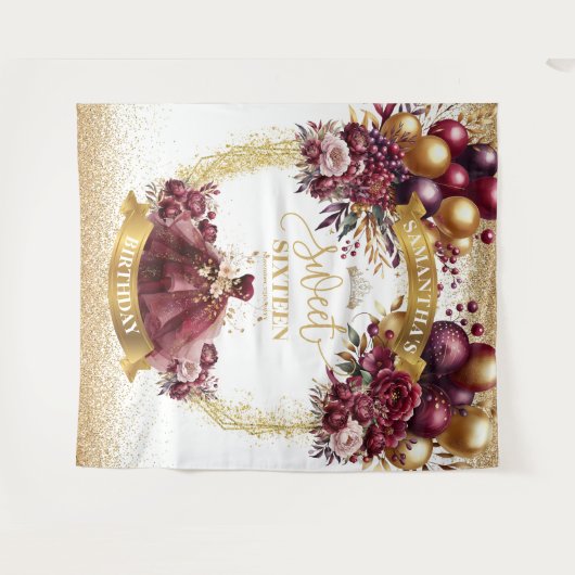 甘い16タペストリーブルゴーニュ金ゴールドグリッターバルーン タペストリー (正面(横))