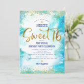 甘い16ターコイズ水彩金ゴールド誕生日 モダン 招待状 (スタンド正面)