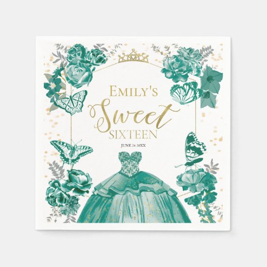 甘い16ナプキンスバタフライエメラルドグリーンドレス スタンダードカクテルナプキン (正面)