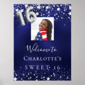 甘い16ネイビーの青い銀の星の写真へようこそ ポスター (正面)