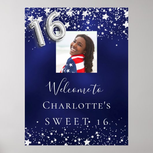 甘い16ネイビーの青い銀の星の写真へようこそ ポスター (正面)