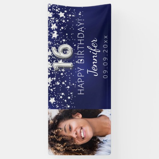 甘い16ネイビーの青い銀の星の写真パーティー 横断幕 (縦)