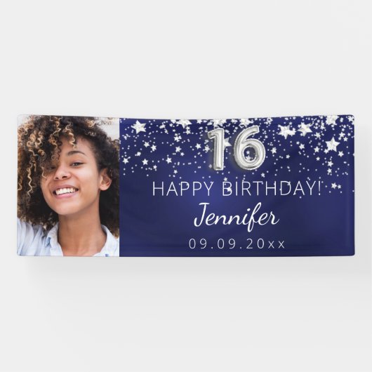 甘い16ネイビーの青い銀の星の写真パーティー 横断幕 (横)