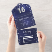 甘い16ネイビーブルーシルバースターズrsvp オールインワン招待状 (貼ってはがせる)